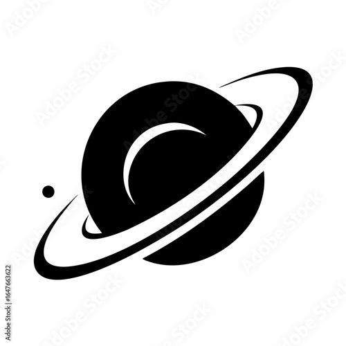Minimalist black and white depiction of Saturn like planet with ring system