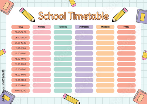 Colorful Weekly School Timetable Template with Cute Stationery Illustrations