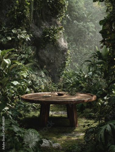 photo of a round wooden table in a lush jungle setting