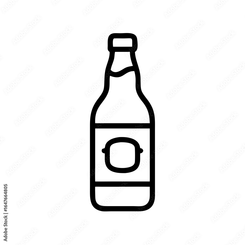 Black and white line drawing of a bottle with a blank label Black and white line drawing of a bottle with a blank label