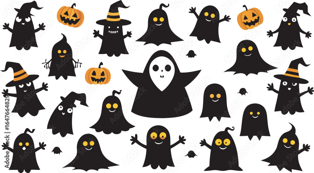 Obraz premium Halloween Ghosts and Witches with Pumpkins Silhouettes for Spooky Holiday Fun