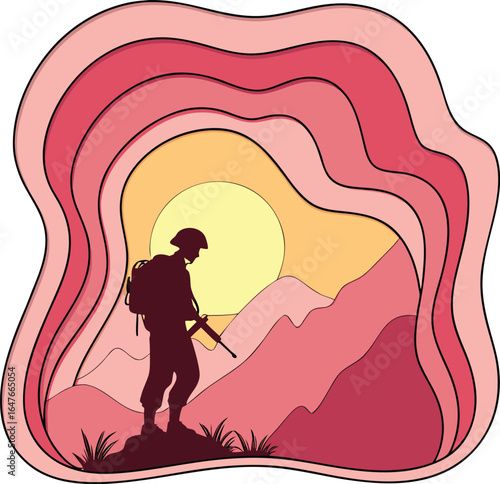 paper cut layered design, silhouette of soldier, layered mountains, sun in tricolor gradient, white background, shadow effect