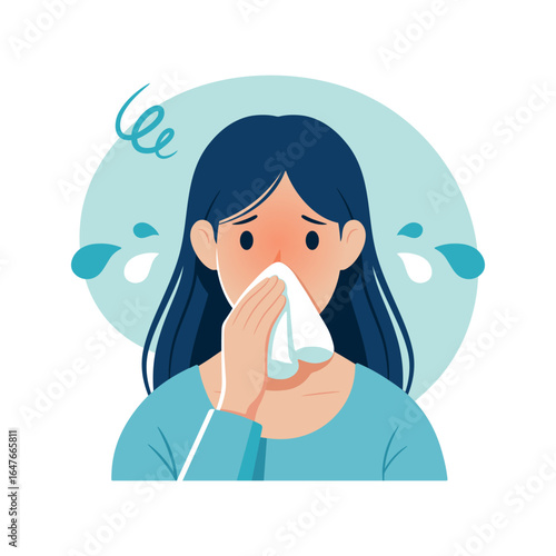 A woman sneezing in handkerchief. Sick young woman suffers from a runny nose. Flu, cold concept. Season allergy. Flat vector illustration isolated on white background.