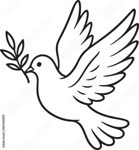 Flying Dove with Olive Branch Outline — Peace Symbol Vector Illustration