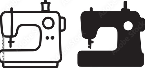 Sewing Machine Icons — Outline and Solid Silhouette Black and White Vector