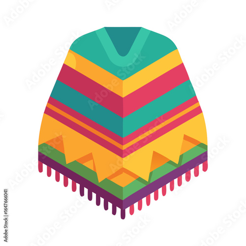 Isometric Mexican Poncho with Fringes, Colorful Stripes and Geometric Designs