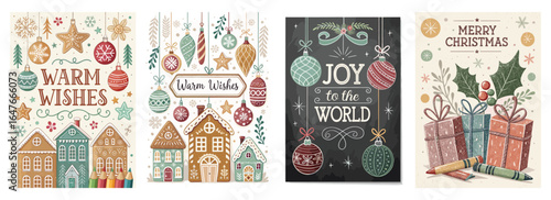 Festive holiday cards featuring cheerful designs, warm wishes, and seasonal decorations in vibrant colors.