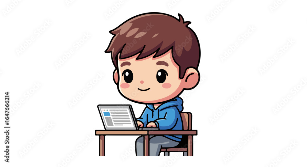 Cute cartoon boy at a desk using a laptop for internet e-learning, a kawaii student character VECTOR illustration for online education. Cute cartoon boy at a desk using a laptop for internet e-learning, a kawaii student character VECTOR illustration for online education.