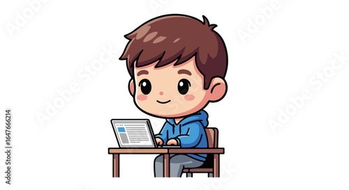 Cute cartoon boy at a desk using a laptop for internet e-learning, a kawaii student character VECTOR illustration for online education.