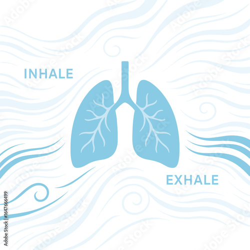 Illustration of lungs with breathing instructions, inhale, exhale, health concept