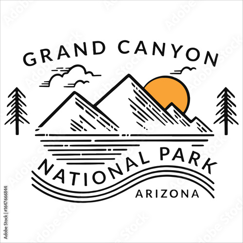 Grand Canyon National Park retro badge design with sun and mountains
