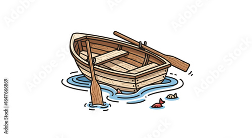 Fotografie Vector Illustration of a Wooden Rowboat with Paddles Floating on Water, Sampan S