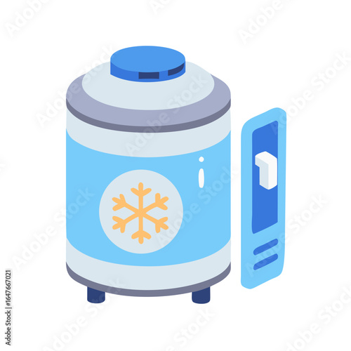 Isometric icon illustration of a water cooler with snowflake emblem and switch