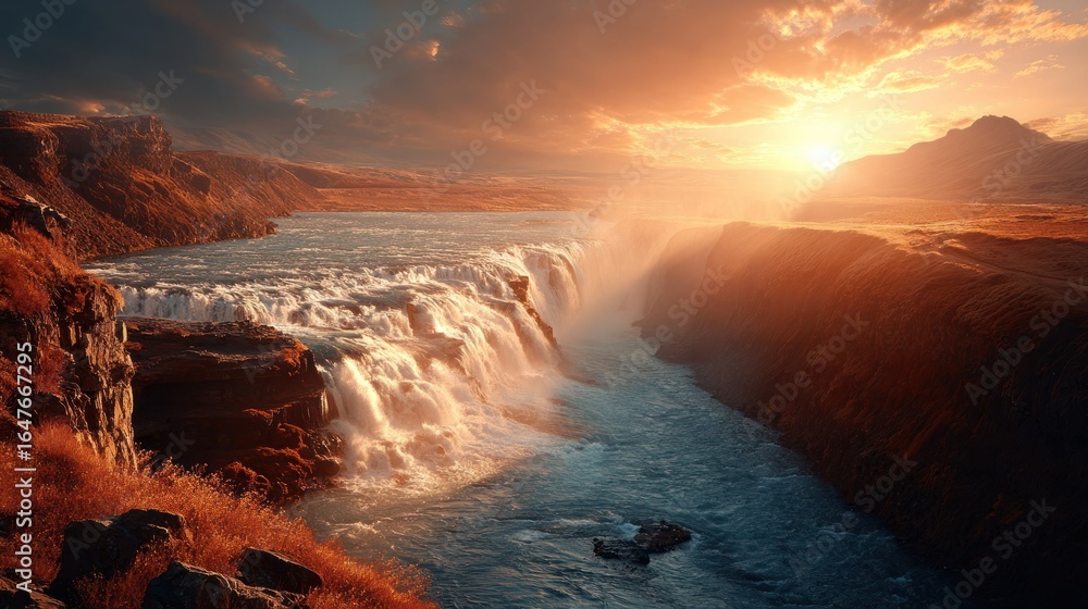 Fototapeta premium Majestic waterfall at sunset