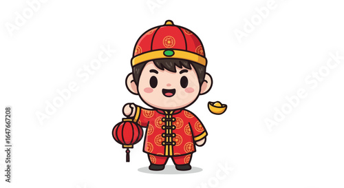 Cute Tionghoa boy in traditional costume holding a red lantern for Chinese New Year celebration, kawaii character VECTOR illustration.
