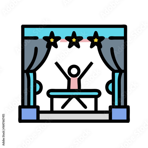 Cartoon Style Stage with Person, Stars and Curtains in Flat Design