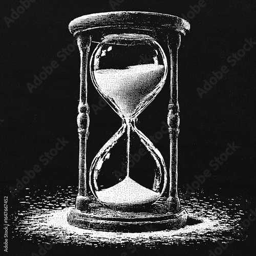 Halftone hourglass with sand on black | White stippled etching style | Grim symbolic time imagery | Tattoo flash or t-shirt design