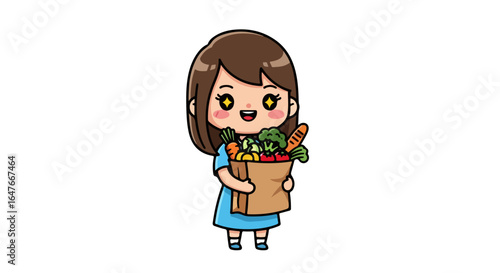 Cute cartoon girl holding a bag of fresh produce, a delightful VECTOR illustration for healthy eating and grocery themes, perfect for lifestyle and nutrition content.