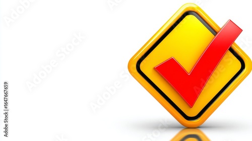 Free Download 3D rendered diamond-shaped sign with checkmark, yellow and red, representing priority approval against a white background with copy space - GFXLoad