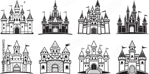 Majestic castles with tall spires and flags medieval