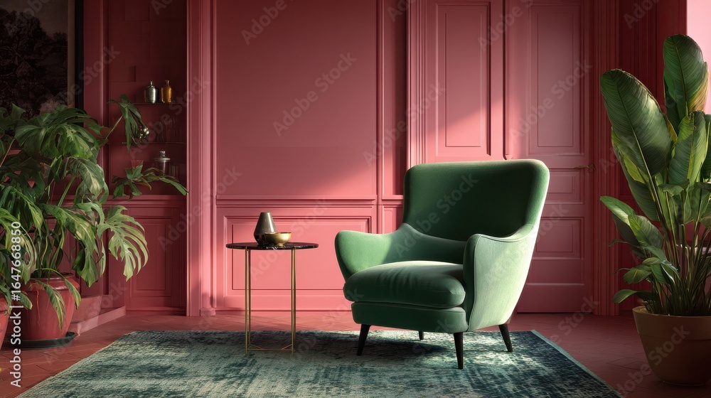 Obraz premium pink room with green armchair rug and side table no logos no brands ar 169