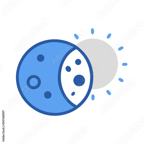 Stylized illustration of a solar eclipse with a blue moon and sun