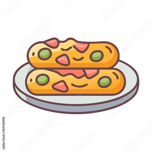 Two portions of decorated focaccia bread stacked neatly on a plate