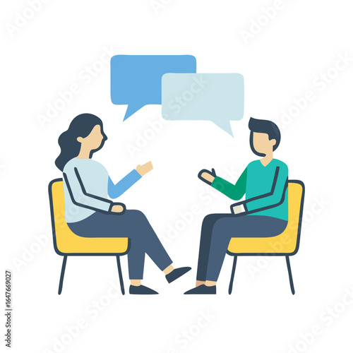 Illustration of two people sitting in chairs and talking to each other