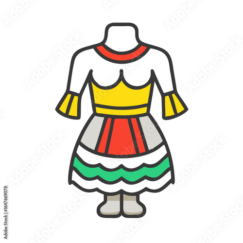 Colorful folk costume with a yellow bodice and layered skirt design