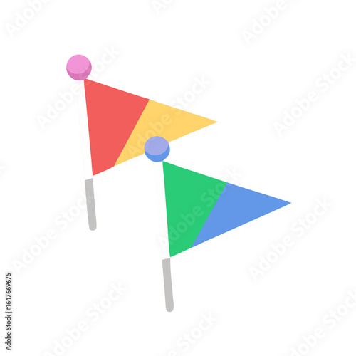Two vibrant triangular flags with distinct color schemes against a white background