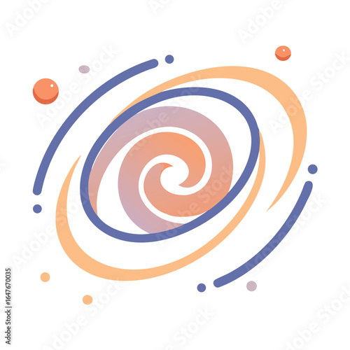 Stylized galaxy with spiral arms and celestial bodies in a minimalist design