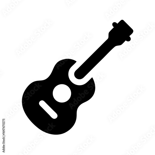 A black and white illustration of a ukulele with a simple design