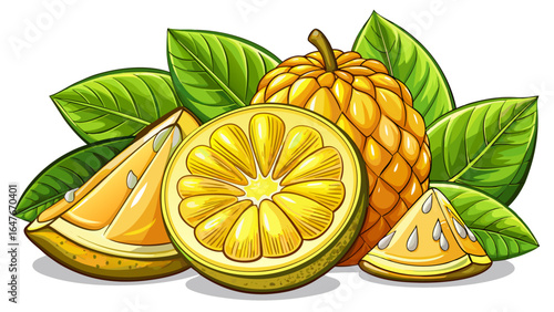 Still life of fresh jackfruit with vibrant yellow flesh and green leaves against a white background. Sliced open fruit pieces and whole jackfruit 