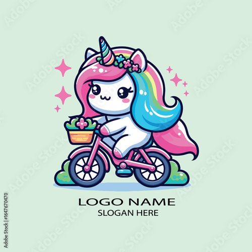 Cute unicornio kawaii riding bicycle logo icon vector .