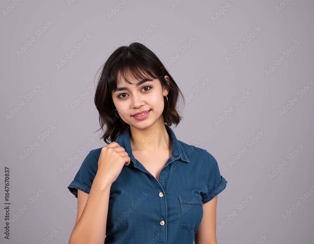 Fototapeta premium Portrait of a young woman in a blue button-down shirt 