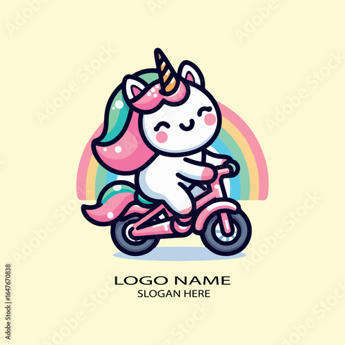 Cute unicornio kawaii riding bicycle logo icon vector .