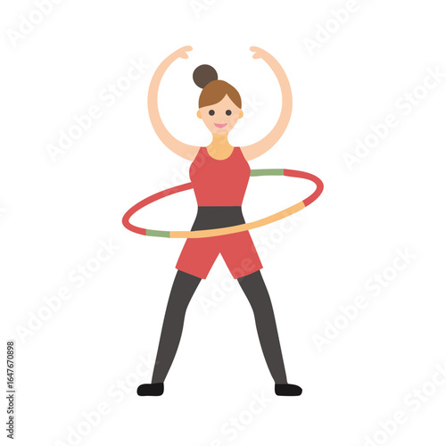 Cartoon woman exercising with a hula hoop in a fitness setting