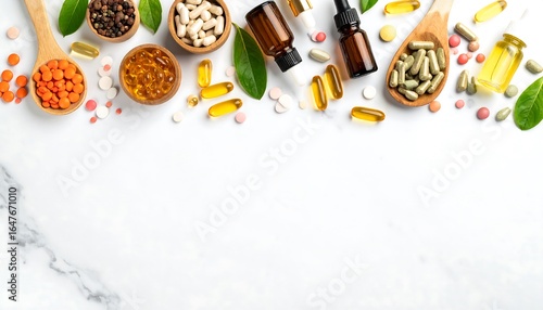 Assorted nutritional supplements and spices on a marble surface