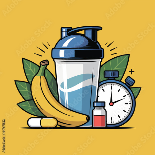 A vector illustration of a vintage alarm clock and a glass bottle of wine, isolated on a white background