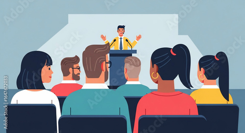 Diverse Group of People Attending a Presentation in Conference Room with Male Speaker