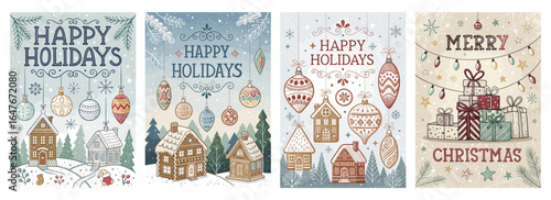 Charming festive holiday cards featuring cozy homes, ornaments, and cheerful messages in a winter wonderland.