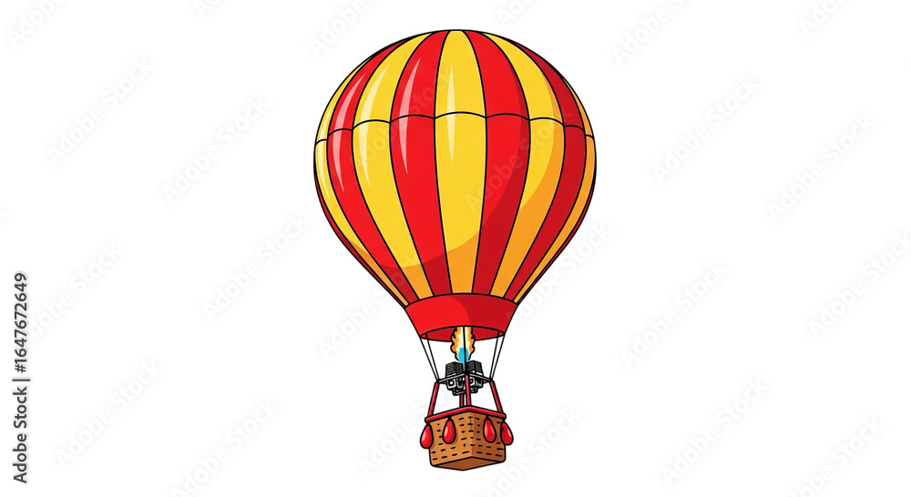 Fototapeta premium Colorful hot air balloon soaring against a clear sky, featuring vibrant red and yellow stripes.