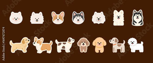 Adorable dog breeds stickers set. Cute and detailed cartoon illustrations of different types of dogs in various poses and facial expressions.