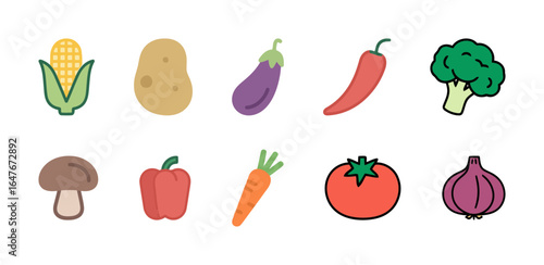 A collection of fresh and healthy vegetables. Colorful illustrations of corn, potato, eggplant, chili pepper, broccoli, mushroom, red bell pepper, carrot, tomato, and onion.