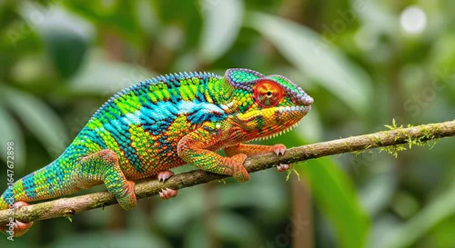 Fototapeta na wymiar Colorful chameleon clinging to a thin tropical branch, vibrant skin patterns