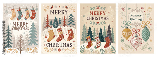 Festive holiday cards with cheerful designs, showcasing Christmas stockings and ornaments in warm tones.