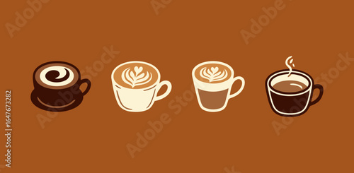Set of various coffee drinks. Different kinds of delicious hot coffee in a simple, flat, and graphic illustration style on a brown background.