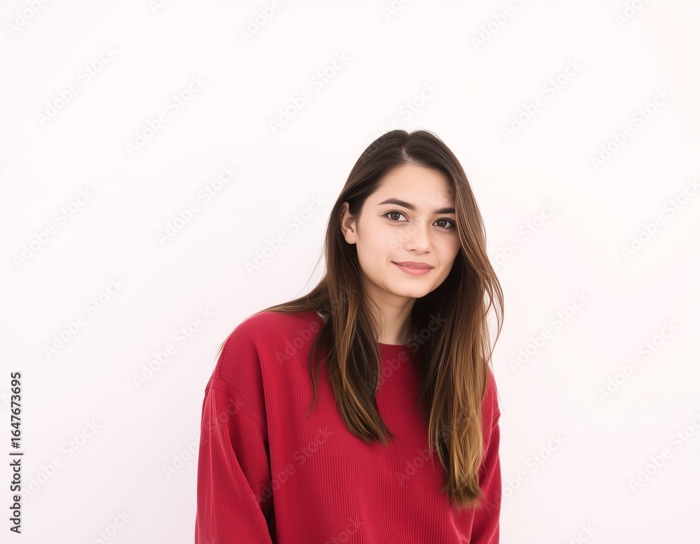 Portrait of a young woman with long brown hair wearing a red sweater Portrait of a young woman with long brown hair wearing a red sweater