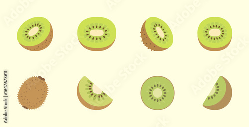 A collection of kiwi fruit illustrations. Fresh, green, and healthy kiwis in different slices and angles in a simple, flat, and graphic style.