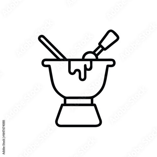 Ine drawing outline icon a chocolate fondue pot with melting chocolate utensils vector
